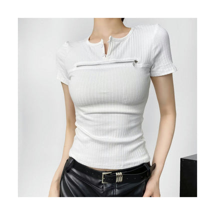 Women's Zip Short Sleeve Crop Tops Casual Round Neck Fitted T Shirt