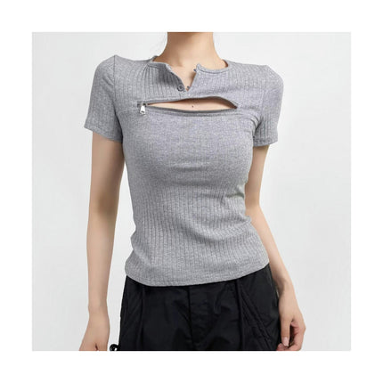 Women's Zip Short Sleeve Crop Tops Casual Round Neck Fitted T Shirt