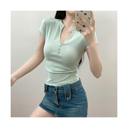 Women's Slim Fit Crop Top Button Down V Neck Short Sleeve Casual Tee Shirt