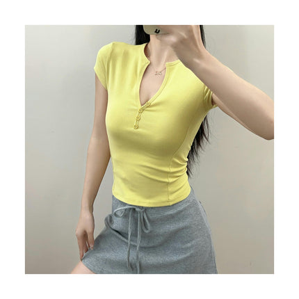 Women's Slim Fit Crop Top Button Down V Neck Short Sleeve Casual Tee Shirt