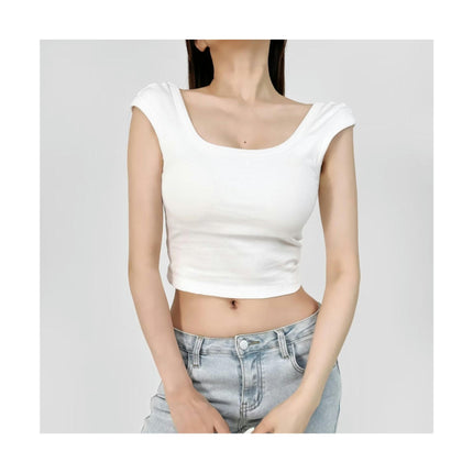 Women's Summer Scoop Neck CapSleeve T-Shirts Slim Fit Casual Backless Crop Top