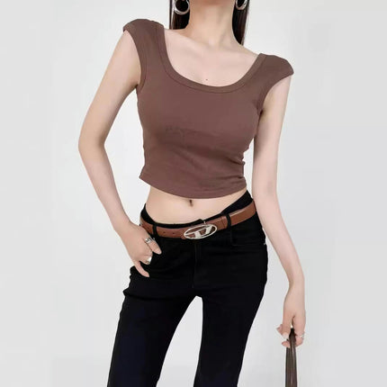 Women's Summer Scoop Neck CapSleeve T-Shirts Slim Fit Casual Backless Crop Top