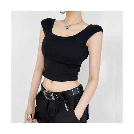 Women's Summer Scoop Neck CapSleeve T-Shirts Slim Fit Casual Backless Crop Top