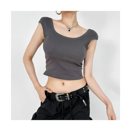 Women's Summer Scoop Neck CapSleeve T-Shirts Slim Fit Casual Backless Crop Top