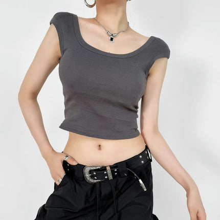 Women's Summer Scoop Neck CapSleeve T-Shirts Slim Fit Casual Backless Crop Top