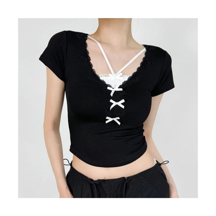 Women's Summer Short Sleeve Lace Trim V Neck T Shirt Casual Slim Fit Crop Tops