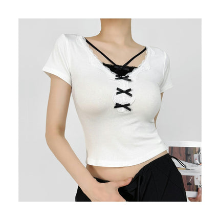 Women's Summer Short Sleeve Lace Trim V Neck T Shirt Casual Slim Fit Crop Tops