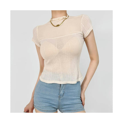 Women's Summer Mock Neck Short Sleeve Sheer Mesh Tops Slim Fit Crop T Shirts