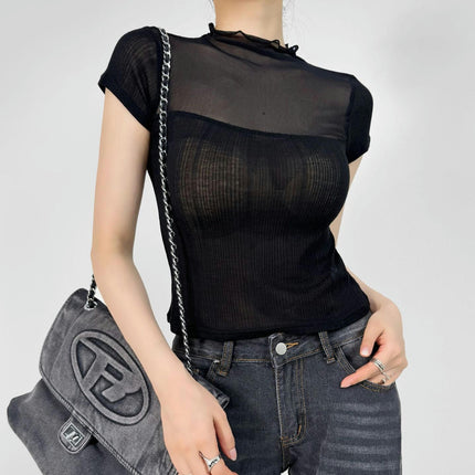 Women's Summer Mock Neck Short Sleeve Sheer Mesh Tops Slim Fit Crop T Shirts