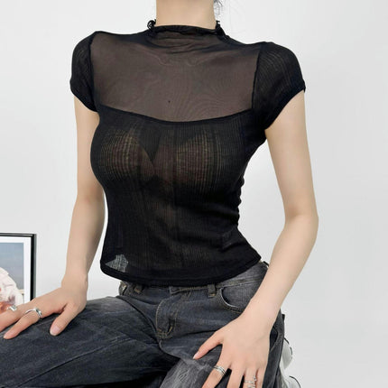 Women's Summer Mock Neck Short Sleeve Sheer Mesh Tops Slim Fit Crop T Shirts