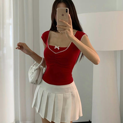 Women's Crop Tops Lace Trim V Neck Short Sleeve Slim Summer T-Shirt