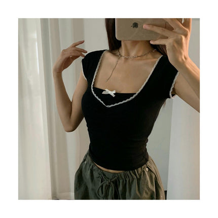 Women's Crop Tops Lace Trim V Neck Short Sleeve Slim Summer T-Shirt