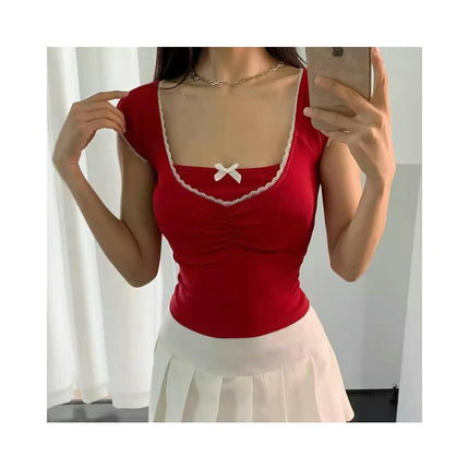 Women's Crop Tops Lace Trim V Neck Short Sleeve Slim Summer T-Shirt