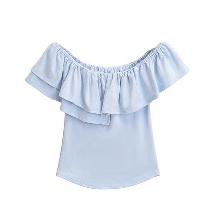 Women's Off Shoulder Ruffle Trim Short Sleeve Slim Fit Summer Crop Tops