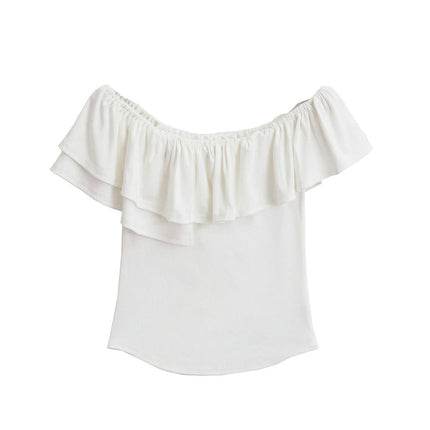 Women's Off Shoulder Ruffle Trim Short Sleeve Slim Fit Summer Crop Tops