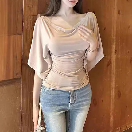 Women's 3/4 Bell Sleeve Crop Tops Casual Scoop Neck Fitted T Shirt