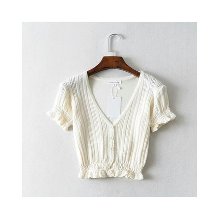 Women's Short Sleeve V Neck Ruffled T Shirts Summer Knit Slim Fitted Crop Tops