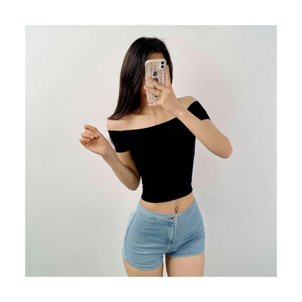 Womens Basic Short Sleeve Vogue Fitted Off The Shoulder Cute Crop Tops