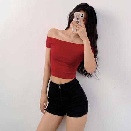 Womens Basic Short Sleeve Vogue Fitted Off The Shoulder Cute Crop Tops