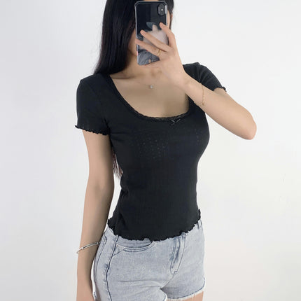 Women's Summer Lace Trim Scoop Neck Short Sleeve T-Shirts Slim Fit Crop Top