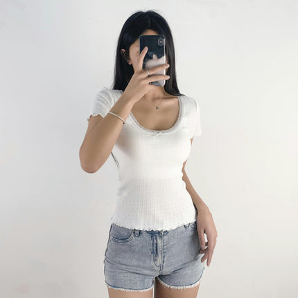 Women's Summer Lace Trim Scoop Neck Short Sleeve T-Shirts Slim Fit Crop Top