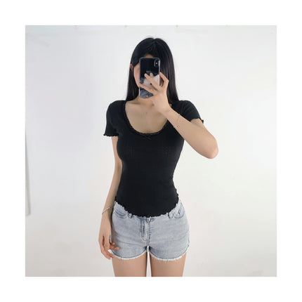 Women's Summer Lace Trim Scoop Neck Short Sleeve T-Shirts Slim Fit Crop Top