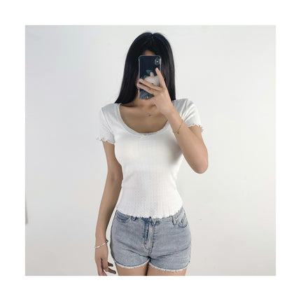 Women's Summer Lace Trim Scoop Neck Short Sleeve T-Shirts Slim Fit Crop Top