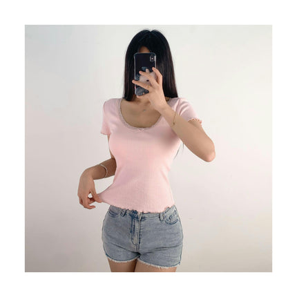 Women's Summer Lace Trim Scoop Neck Short Sleeve T-Shirts Slim Fit Crop Top