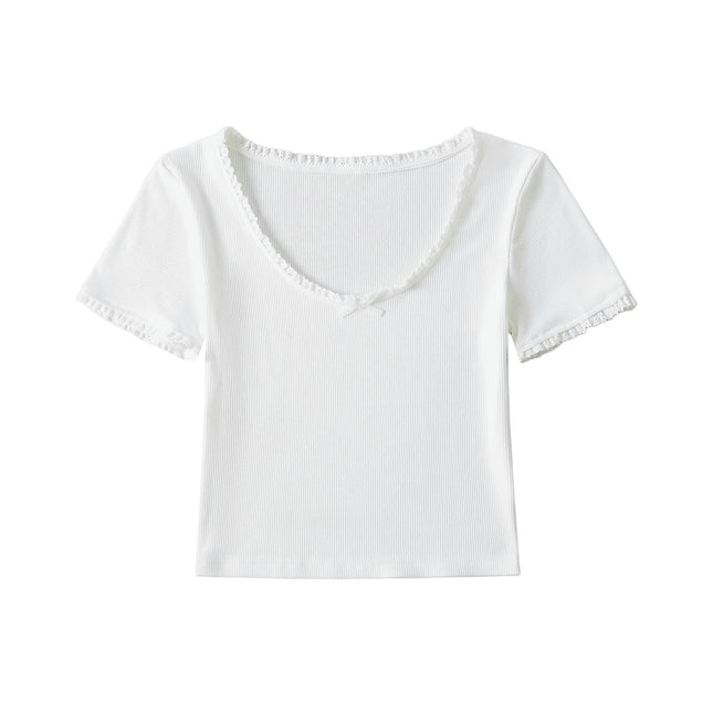 Women Lace Trim Scoop Neck Crop Tops Short Sleeve T Shirts Slim Fit Tees