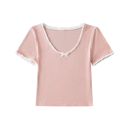 Women Lace Trim Scoop Neck Crop Tops Short Sleeve T Shirts Slim Fit Tees