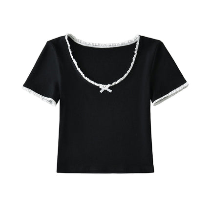 Women Lace Trim Scoop Neck Crop Tops Short Sleeve T Shirts Slim Fit Tees