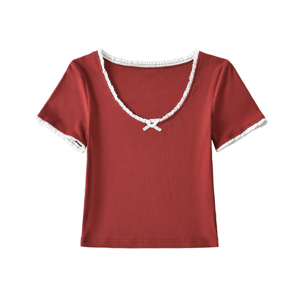 Women Lace Trim Scoop Neck Crop Tops Short Sleeve T Shirts Slim Fit Tees