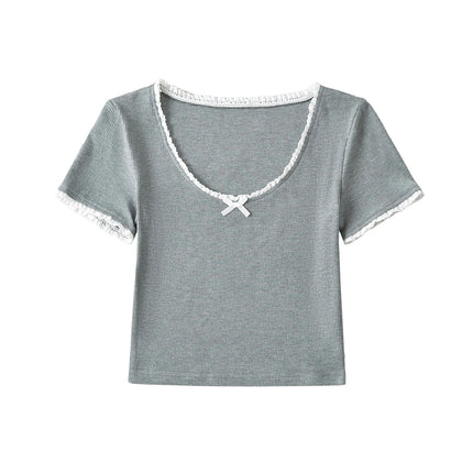 Women Lace Trim Scoop Neck Crop Tops Short Sleeve T Shirts Slim Fit Tees