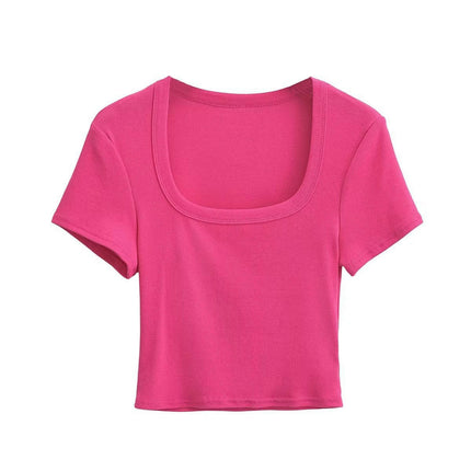 Women's Square Neck Short Sleeve Crop Tops Ribbed Slim Fit Summer T-Shirts