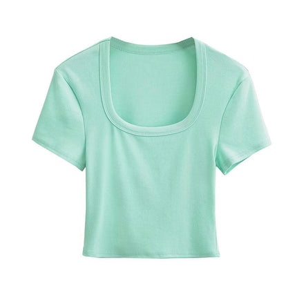 Women's Square Neck Short Sleeve Crop Tops Ribbed Slim Fit Summer T-Shirts