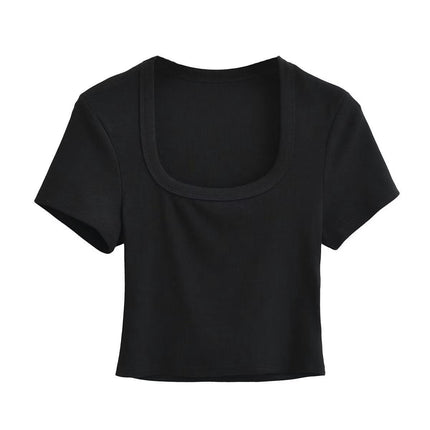 Women's Square Neck Short Sleeve Crop Tops Ribbed Slim Fit Summer T-Shirts