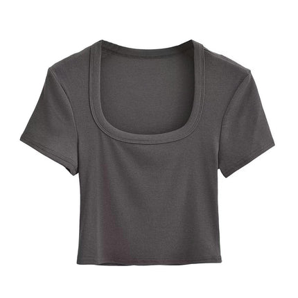 Women's Square Neck Short Sleeve Crop Tops Ribbed Slim Fit Summer T-Shirts