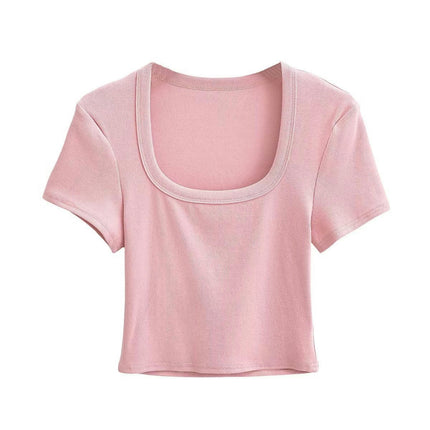 Women's Square Neck Short Sleeve Crop Tops Ribbed Slim Fit Summer T-Shirts