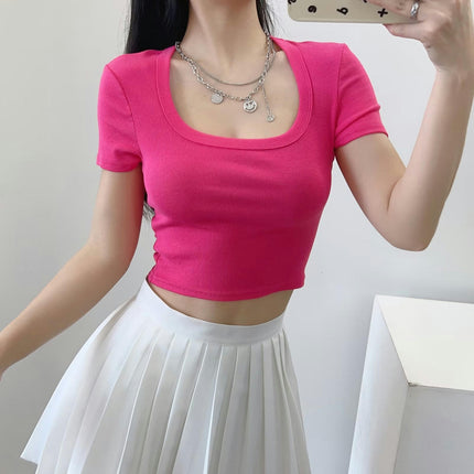 Women's Square Neck Short Sleeve Crop Tops Ribbed Slim Fit Summer T-Shirts