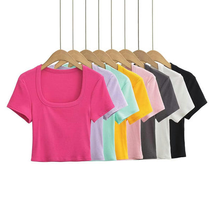 Women's Square Neck Short Sleeve Crop Tops Ribbed Slim Fit Summer T-Shirts