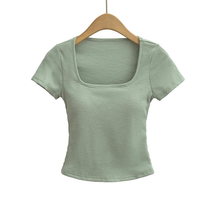 Crop Tops for Women Summer Ribbed Square Neck Short Sleeve Basic T Shirts