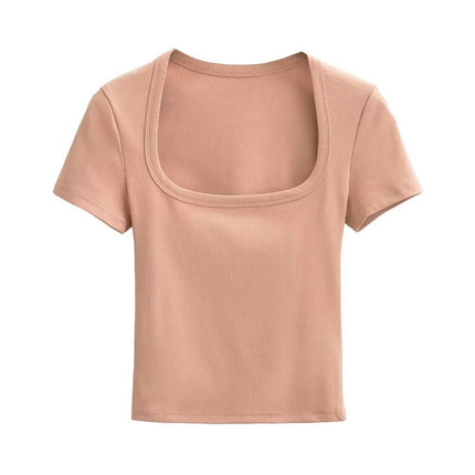 Women's Short Sleeve Basic Crop Tops Square Neck Slim Fit T-Shirt Fashion Tops