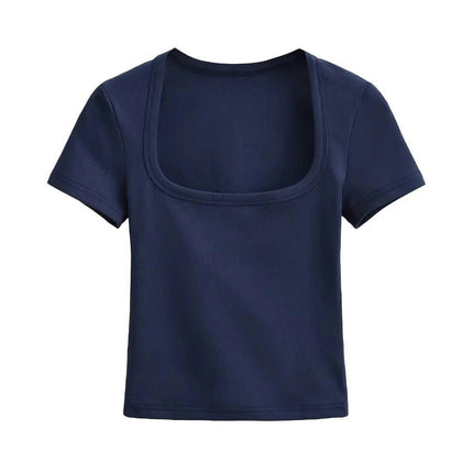 Women's Short Sleeve Basic Crop Tops Square Neck Slim Fit T-Shirt Fashion Tops