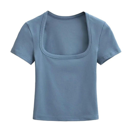 Women's Short Sleeve Basic Crop Tops Square Neck Slim Fit T-Shirt Fashion Tops