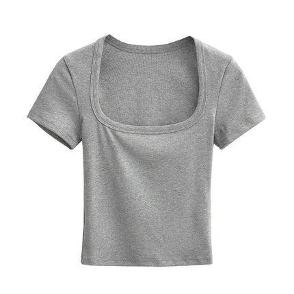 Women's Short Sleeve Basic Crop Tops Square Neck Slim Fit T-Shirt Fashion Tops