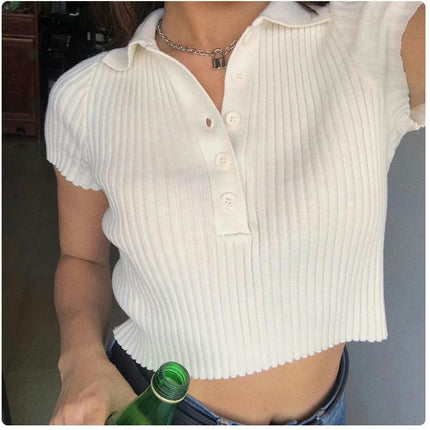 Women's Summer Collar Half Button Short Sleeve Slim Fit Crop Top T-Shirts