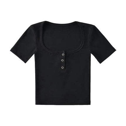 Women's Summer Square Neck Half Button Short Sleeve Slim Fit Crop Top T-Shirts