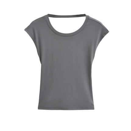 Women's Short Sleeve Crop T Shirts Crew Neck Slim Fit Summer Backless Tops