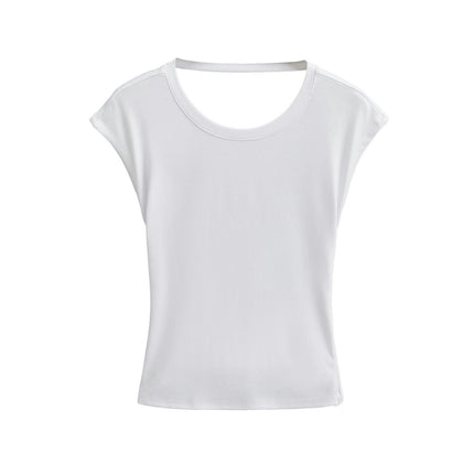 Women's Short Sleeve Crop T Shirts Crew Neck Slim Fit Summer Backless Tops