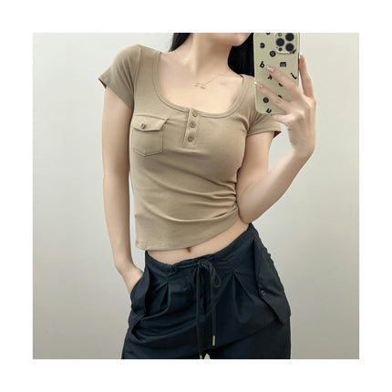 Womens Short Sleeve Crop Tops Button Scoop Neck Fitted Slim Fit Summer Shirts